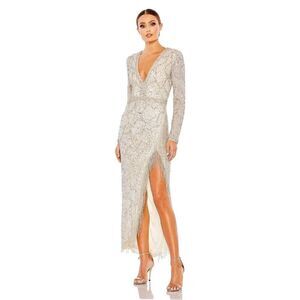 NWT Mac Duggal Embellished Long Sleeve V Neck Beaded Hem Gown 16